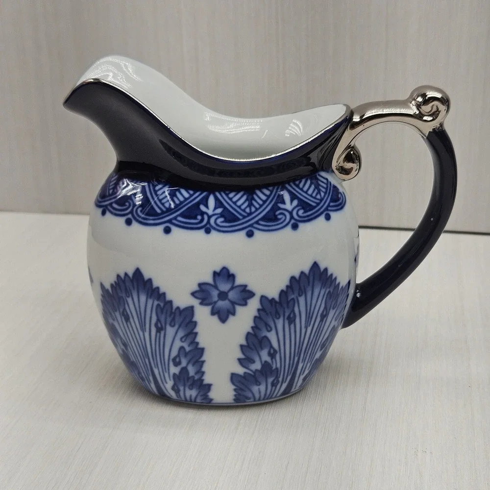 Bombay Blue White Porcelain Tea Set Teapot Sugar Creamer Silver Trim 3 Piece